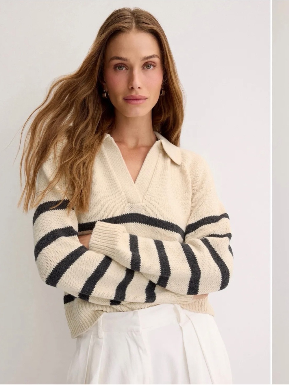 Marine Layer Claire Tan and Black Striped V-Neck Collared Sweater